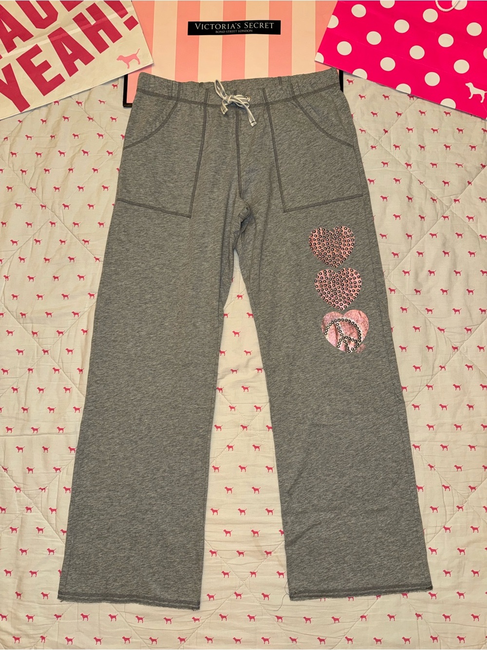 VS PINK VINTAGE Y2K WIDE LEG BOYFRIEND SWEATPANTS GRAY HEART PEACE SIGN BLING LG